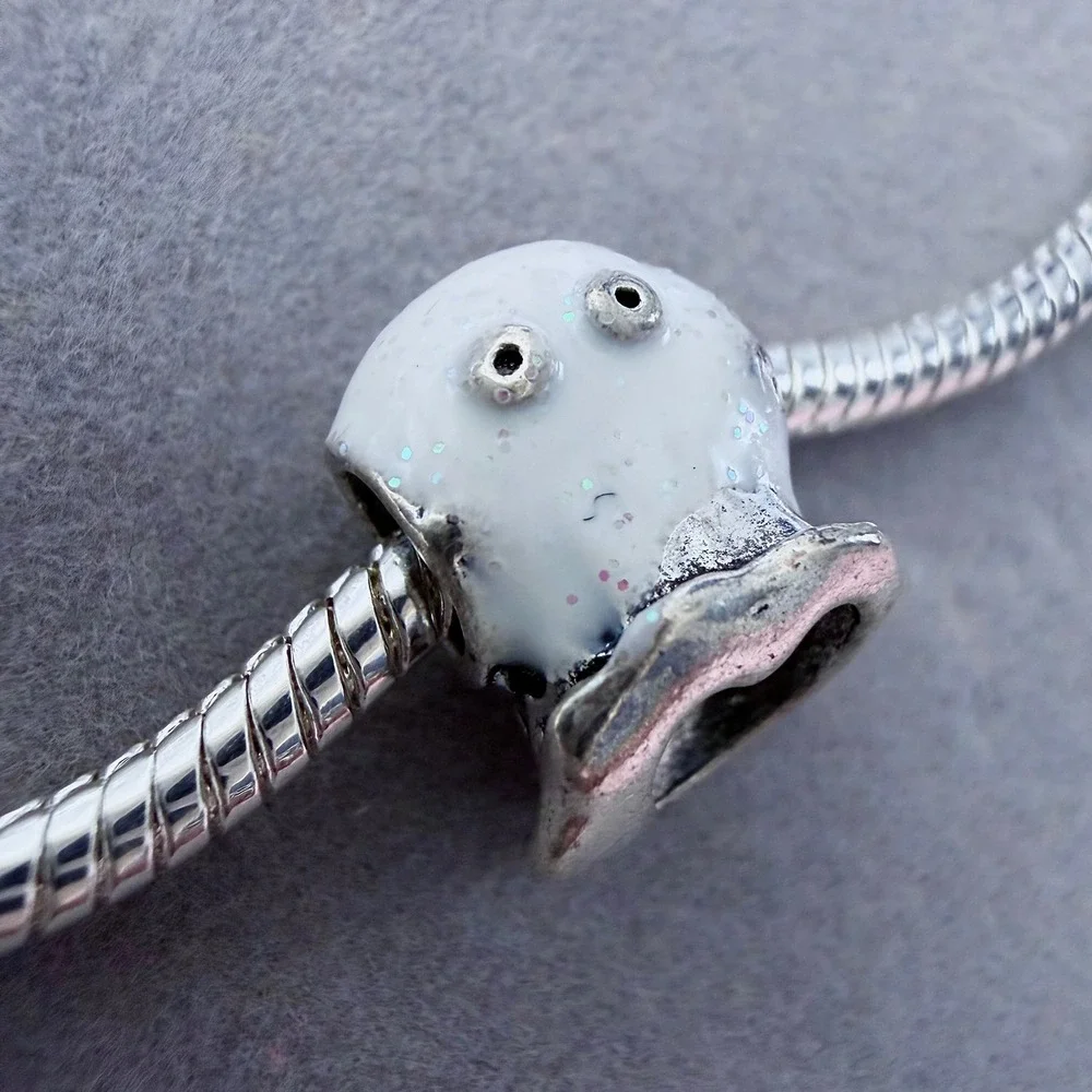 White Glitter Ghost Halloween‎ Heart Cutout Bead fits PANDORA